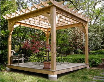 10 X 10 Cedar Deluxe 4 Beam Pergola shown with Stainless Steel Hardware, 16" Top Runner Spacing, Standard Braces, Standard Posts,  and Gray Composite Deck.