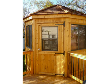 10 Cedar Octagon Cabana shown with no floor, 7  40" x 46" Horizontal Sliding Windows,Cedar Paneled Interior Walls Cedar Paneled Ceiling, Cedar Shake Shingles, No Cupola, and Electrical Package.