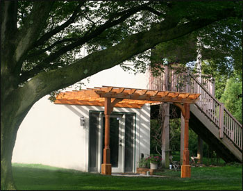 10 x 10 Cedar 2 Beam Pergola – Wall Mount: with Cedar Tone Stain/Sealer and  Decorative Posts