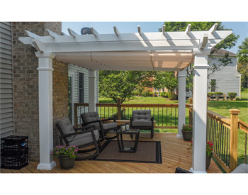 10 x 12 Treated Pine Oasis Free Standing Pergola shown with White Stain, Linen Tweed Retractable Canopy, 16" Top Runner Spacing, Straight Posts, and No deck. 