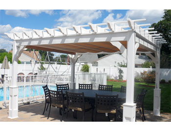 10 x 12 Vinyl Deluxe 4-Beam Pergola Shown with No Deck, 36" High Post Trim, 16" Top Runner Spacing, and Customer Supplied Canopy