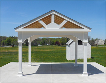 10 x 12 Vinyl Long Gable Ramada shown with Open Gable, No Deck, 6/12 Pitch Roof, 6x6 Posts, 6" High Post Trim, No Cupola.