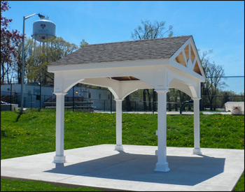 10 x 12 Vinyl Long Gable Ramada shown with Open Gable, No Deck, 6/12 Pitch Roof, 6x6 Posts, 6" High Post Trim, No Cupola.
