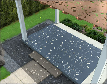 10 x 16 Solace Free Standing Pergola shown with Powder Coated Steel Privacy Panels with floral design