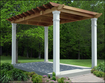 10 x 16 Solace Free Standing Pergola shown with Powder Coated Steel Privacy Panels with floral design
