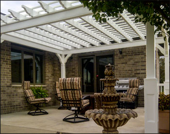 12 X 14 Vinyl Deluxe 4-Beam Pergola shown with Standard Posts, and 8" on Center Top Runner Spacing