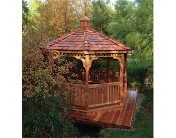 12 Cedar Octagon Gazebo shown with Red Cedar Deck, 1x3 Railings, Cupola, Cedar Shake Shingles, and Stainless Steel Hardware. on customer cedar sub deck / base. 