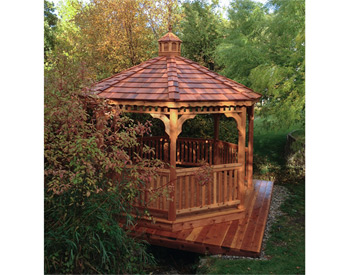 12 Cedar Octagon Gazebo shown with Red Cedar Deck, 1x3 Railings, Cupola, Cedar Shake Shingles, and Stainless Steel Hardware. on customer cedar sub deck / base. 