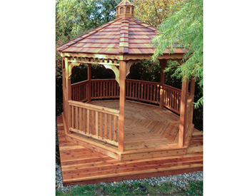 12 Cedar Octagon Gazebo shown with Red Cedar Deck, 1x3 Railings, Cupola, Cedar Shake Shingles, and Stainless Steel Hardware. on customer cedar sub deck / base. 