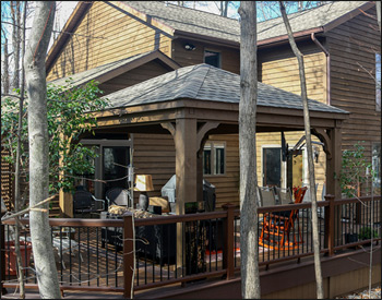  12 x 14 Rough Cut Cedar Ramada shown with 8x8 posts and customer supplied shingles and stain.