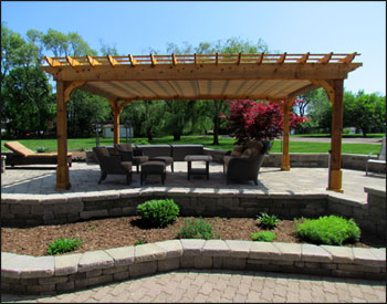 12 x 18 Custom Cedar 2-Beam Pergola Shown with 12" Top Runner Spacing, Custom Braces, Stainless Steel Hardware, and upgraded 2x12 Beams to allow for 4 post design