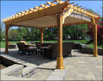 12 x 18 Custom Cedar 2-Beam Pergola Shown with 12" Top Runner Spacing, Custom Braces, Stainless Steel Hardware, and upgraded 2x12 Beams to allow for 4 post design