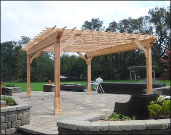 12 x 18 Custom Cedar 2-Beam Pergola Shown with 12" Top Runner Spacing, Custom Braces, Stainless Steel Hardware, and upgraded 2x12 Beams to allow for 4 post design