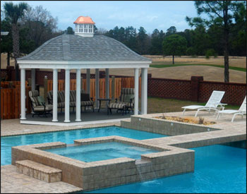 12 x 20 Vinyl Elongated Hexagon Belle Gazebo shown with Old English Pewter Asphalt Shingles and Cupola.