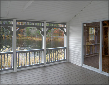 12 x 24 Rectangular Vinyl Pool House shown with white vinyl, gray composite deck, decorative railing, finished vinyl ceiling, 2 windows, 5 wide double door & single door, 8 sliding glass door & double door screens