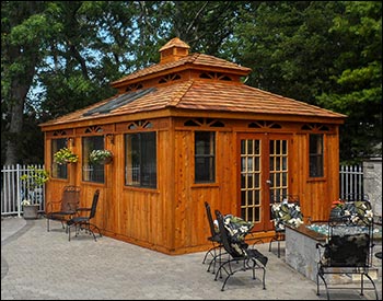 14 x 20 Cedar Rectangle Cabana shown with French door, cedar tongue and groove finished interior, double roof, cedar shake Shingles, 2 skylights and sunburst wall design