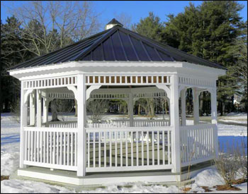 16 x 24 Vinyl Oval Gazebo with Standard White Vinyl, Gray Composite Decking, Metal Roof (Black), 4 Bench Sections, EXTRA Entry way (-1 railing section), and Vinyl Cupola