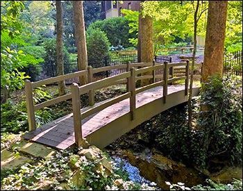 Heavy Duty 4 x 24 Double Rail Pedestrian Trail Bridge shown with Arched Glulam Beams, Woodland Brown Trex Decking, 36" tall Pine Double Railings, and customer-provided stain.