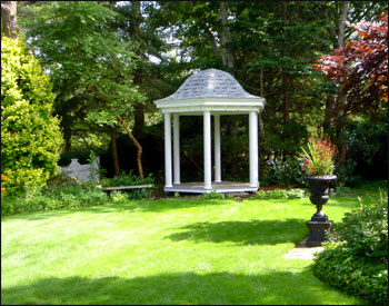 8’ Vinyl Hexagon Belle Gazebo Shown with National Blue Asphalt Shingles and Optional 40" Copper Finial