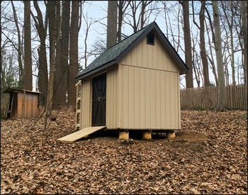 Custom 8 x 10 Deluxe Estate Shed shown with Heavy Duty Pressure Treated Floor, 56" Wood Double Door with Sill Protector, No Windows, Pair of Aluminum Vents, Black Asphalt Shingles, 4x4 Runners, Brown Azek Trim, 12/12 Roof Pitch.