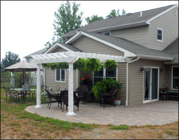 8 X 12 Vinyl 2 Beam Pergola Shown With Wall Mounted Kit, No Deck, 8" Round Tapered Vinyl Columns, and 12" Top Runner Spacing