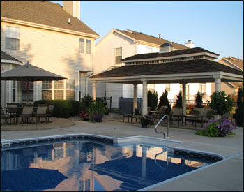 12’ x 24’ Ivory Vinyl Rectangle Gazebo shown with Custom 8” Round columns, No Top Railing, No Floor, Custom Copper Roof Cupola, Finished Vinyl Ceiling, Cedar Shake Shingles, and Electric Package