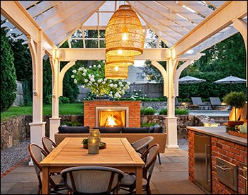 Custom Treated Pine Hip Roof Pergola w/ Eyebrow Pergola Extension (Interior)
