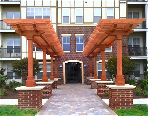 Custom 6 x 42 Cedar In-line Pergolas shown with 2 coats of BEHR redwood stain.