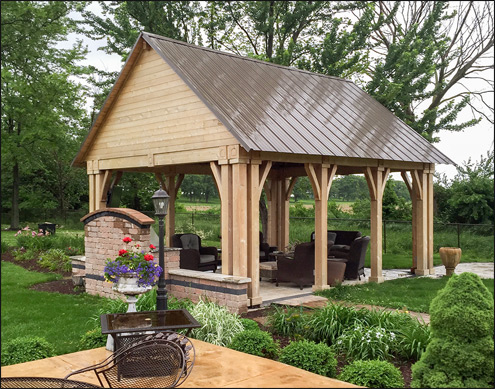 Custom 18 x 22 Cedar Gable Pavilion shown with closed gable, no deck, 8/12 roof pitch, 16" post trim, 8x8 Cedar wrapped posts, custom post height (10) Metal roof supplied by customer, and electrical package. 