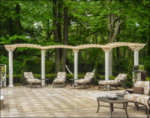 Custom Pergola with 4 Treated Pine Arches and 10" Round Smooth Fiberglass Columns. 