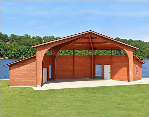 Custom Amphitheater Shown With glued laminated Arches, 2x8 T&G Roof Deck, factory stain, Log wall changing / storage rooms, back, and side walls and fiberglass shingle roofing.