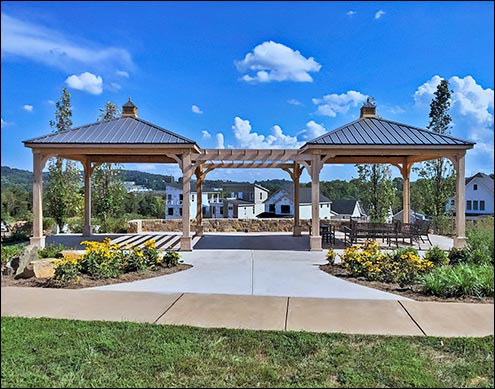 Custom 136" x 136" Cedar Ramada (x2) w/ 10 x 10 Cedar Pergola, 8x8" Posts, Short Post Trim, and Charcoal Metal Roof.