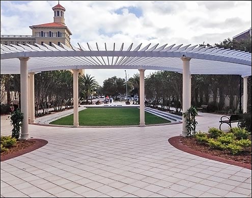 Custom Semi-Circle 36x72 Treated Pine Pergola shown with White Stain. Posts supplied by Customer.