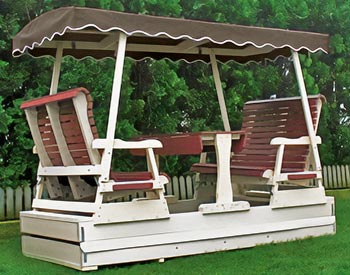 Poly Glider shown with Weatherwood Canopy, White Frame, and Burgundy Accents
