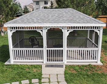 12x16 Vinyl Gazebo shown with No Deck, Full Set of Screens and Screen door, Wavy Fascia, and Old English Pewter Asphalt Shingles 