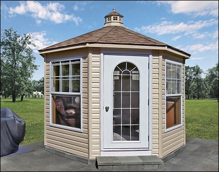 12' Octagon Sunroom shown with Ivory Vinyl Siding, Rustic Cedar Asphalt Shingles, Cupola, Arched Single Door, and Customer-furnished interior.