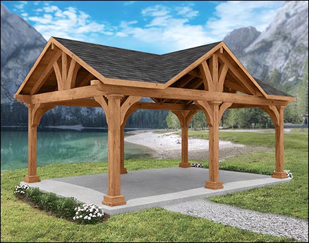 12' X 24' Eastern Hemlock Grand Bay Ramada shown with Clear Stain/Sealer and Rustic Slate Asphalt Shingles.