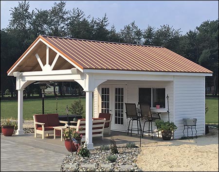 16' x 20' Open Rectangle Pool House with White Vinyl Siding, Copper Metal Roof, custom Double Glass Doors, and custom sliding bar window.