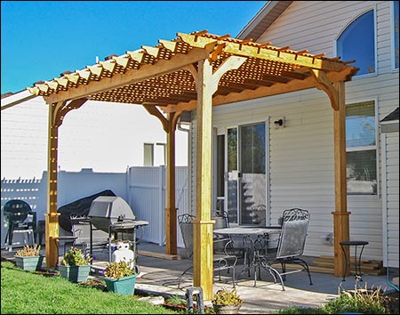 8' x 16' Treated Pine Vintage Classic Pergola shown with 2 Coats of Cedar Tone Stain/Sealer, 12" Top Runner Spacing, 36" High Post Trim, and a Lattice Top.