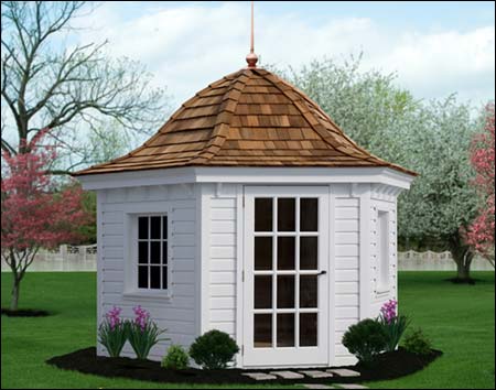 10' Pine Hexagon Belle Cabana, painted White, with optional Cedar Shingles, 12 Lite Arched Door , two 24" x 36" Single Pane Windows and Copper Finial shown