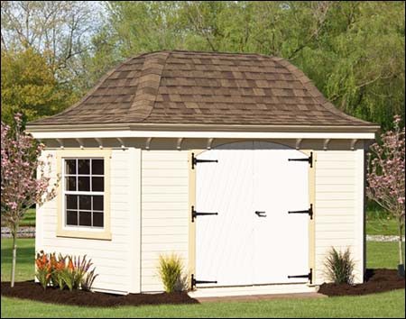 10' x 16' Pine Elongated Hexagon Belle Cabana with Dual Brown Shingles, optional 30" x 36" Vinyl Double Hung Window and Chevron Double Door shown