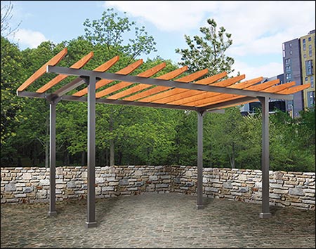 8' x 12' Sydney Aluminum Pergola shown with Statuary Bronze Powder Coating and optional Red Cedar Runners w/ Rustic Cedar Stain.