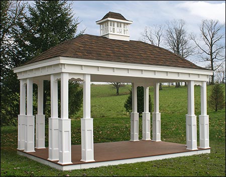 10' x 16' Rectangular Belle Roof Gazebo in White Vinyl with Weathered Wood Asphalt Shingles, Teakwood Composite Deck, 6" x 6" Square Posts with 36" High Post Trim, and 2 custom additional posts in each corner.