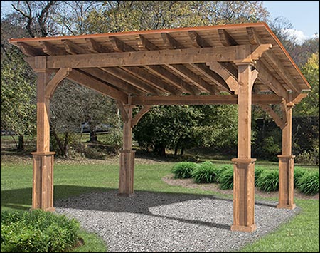 12' x 16' Rough Cut Santa Barbara Pergola shown unstained Copper Metal Roof.