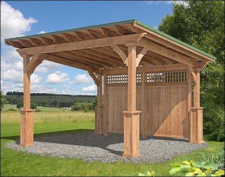 12' x 16' Red Cedar Santa Barbara Pergola shown with optional Evergreen Metal Roof and optional Solid Wall w/ Top Lattice.