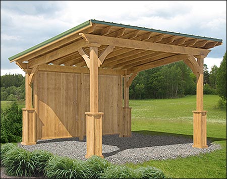12' x 14' Treated Pine Santa Barbara Pergola shown with optional Evergreen Metal Roof and optional Solid Wall.