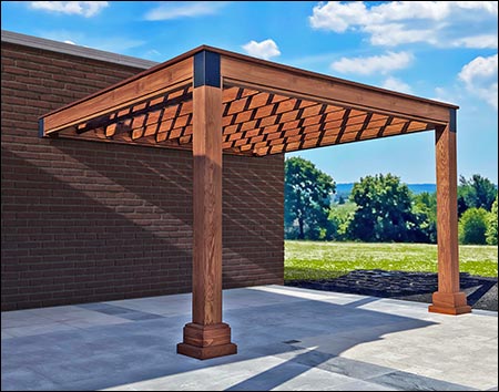 12' x 16' Red Cedar Wall Mount Modern Pergola shown in Rustic Cedar Stain.