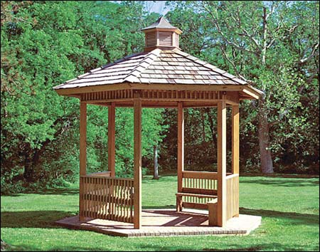 16' x 16' Laminated Wood Orchard Pavilion Shown w/Cedar Shingles, 2 Benches, 4 Railing Sections, and Cupola