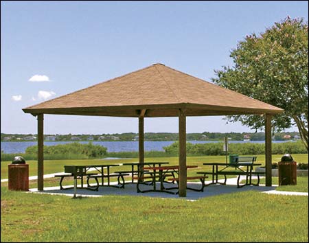 20' x 20' Laminated Wood Forestview Pavilion Shown w/Asphalt Shingles, Tables Not Included