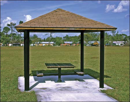 12' x 12' Steel Frame Forestview Pavilion Shown w/Powder Coated Steel Frame and Asphalt Shingles, Table Not Included